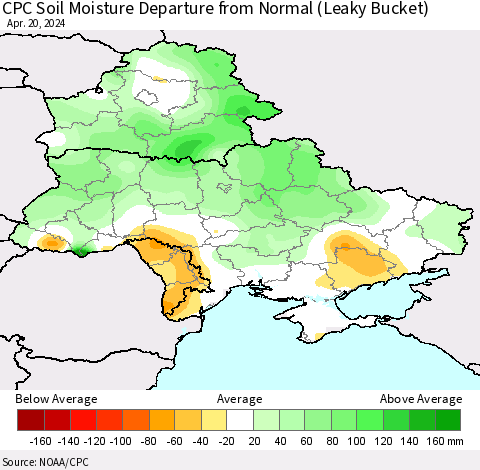 Ukraine, Moldova and Belarus CPC Soil Moisture Departure from Normal (Leaky Bucket) Thematic Map For 4/16/2024 - 4/20/2024