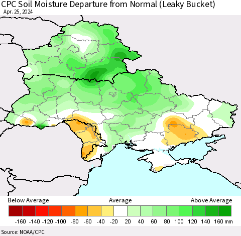 Ukraine, Moldova and Belarus CPC Soil Moisture Departure from Normal (Leaky Bucket) Thematic Map For 4/21/2024 - 4/25/2024