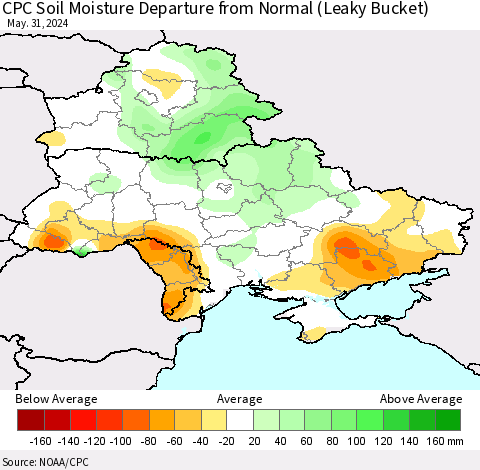 Ukraine, Moldova and Belarus CPC Soil Moisture Departure from Normal (Leaky Bucket) Thematic Map For 5/26/2024 - 5/31/2024