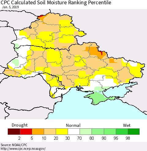 Ukraine, Moldova and Belarus CPC Soil Moisture Ranking Percentile (Leaky Bucket) Thematic Map For 1/1/2019 - 1/5/2019