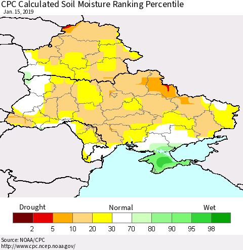 Ukraine, Moldova and Belarus CPC Calculated Soil Moisture Ranking Percentile Thematic Map For 1/11/2019 - 1/15/2019