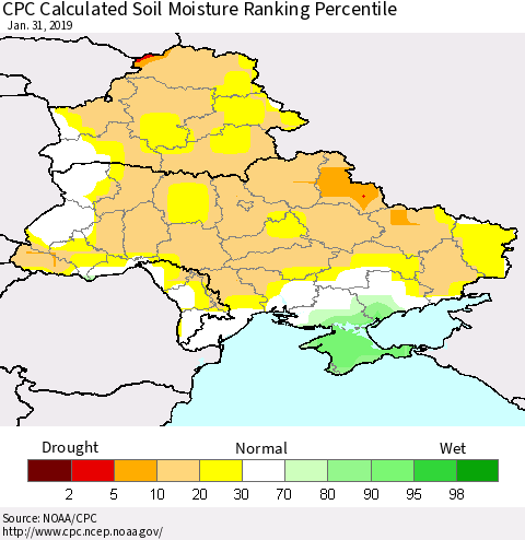 Ukraine, Moldova and Belarus CPC Calculated Soil Moisture Ranking Percentile Thematic Map For 1/26/2019 - 1/31/2019