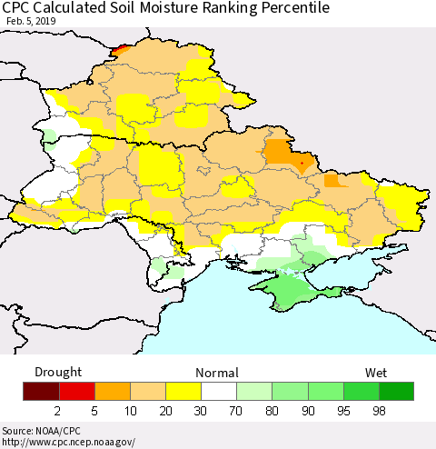 Ukraine, Moldova and Belarus CPC Calculated Soil Moisture Ranking Percentile Thematic Map For 2/1/2019 - 2/5/2019