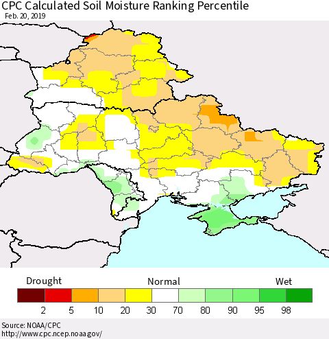 Ukraine, Moldova and Belarus CPC Soil Moisture Ranking Percentile (Leaky Bucket) Thematic Map For 2/16/2019 - 2/20/2019