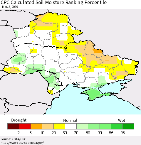 Ukraine, Moldova and Belarus CPC Calculated Soil Moisture Ranking Percentile Thematic Map For 3/1/2019 - 3/5/2019