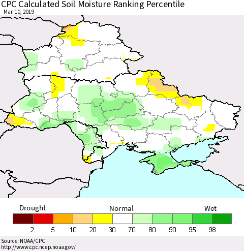 Ukraine, Moldova and Belarus CPC Calculated Soil Moisture Ranking Percentile Thematic Map For 3/6/2019 - 3/10/2019