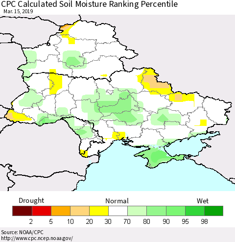 Ukraine, Moldova and Belarus CPC Calculated Soil Moisture Ranking Percentile Thematic Map For 3/11/2019 - 3/15/2019