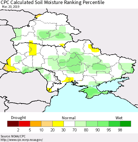 Ukraine, Moldova and Belarus CPC Calculated Soil Moisture Ranking Percentile Thematic Map For 3/16/2019 - 3/20/2019