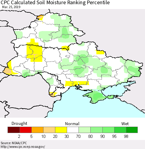Ukraine, Moldova and Belarus CPC Calculated Soil Moisture Ranking Percentile Thematic Map For 3/21/2019 - 3/25/2019