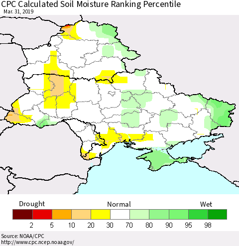 Ukraine, Moldova and Belarus CPC Calculated Soil Moisture Ranking Percentile Thematic Map For 3/26/2019 - 3/31/2019