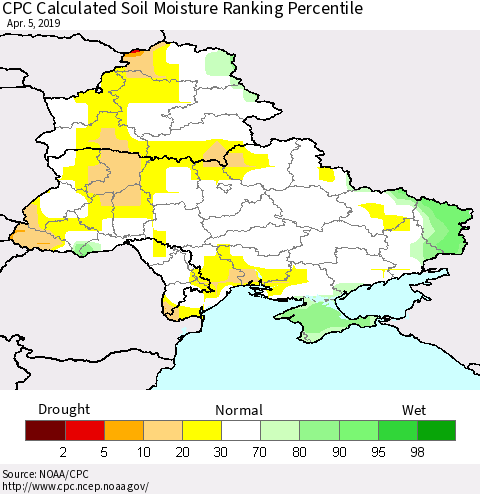 Ukraine, Moldova and Belarus CPC Calculated Soil Moisture Ranking Percentile Thematic Map For 4/1/2019 - 4/5/2019