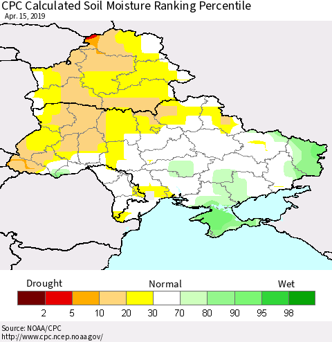 Ukraine, Moldova and Belarus CPC Calculated Soil Moisture Ranking Percentile Thematic Map For 4/11/2019 - 4/15/2019