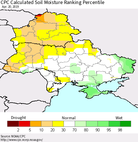 Ukraine, Moldova and Belarus CPC Calculated Soil Moisture Ranking Percentile Thematic Map For 4/16/2019 - 4/20/2019