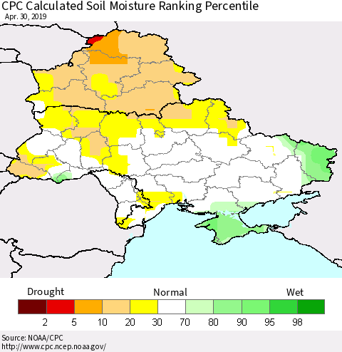 Ukraine, Moldova and Belarus CPC Calculated Soil Moisture Ranking Percentile Thematic Map For 4/26/2019 - 4/30/2019