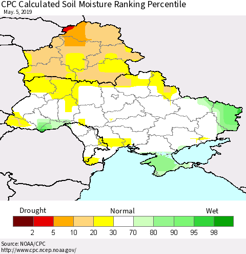 Ukraine, Moldova and Belarus CPC Soil Moisture Ranking Percentile (Leaky Bucket) Thematic Map For 5/1/2019 - 5/5/2019