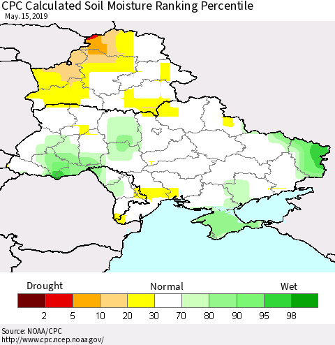 Ukraine, Moldova and Belarus CPC Calculated Soil Moisture Ranking Percentile Thematic Map For 5/11/2019 - 5/15/2019
