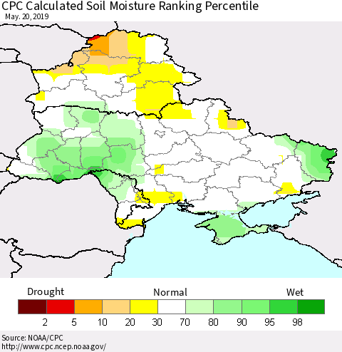 Ukraine, Moldova and Belarus CPC Calculated Soil Moisture Ranking Percentile Thematic Map For 5/16/2019 - 5/20/2019