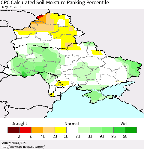 Ukraine, Moldova and Belarus CPC Calculated Soil Moisture Ranking Percentile Thematic Map For 5/21/2019 - 5/25/2019
