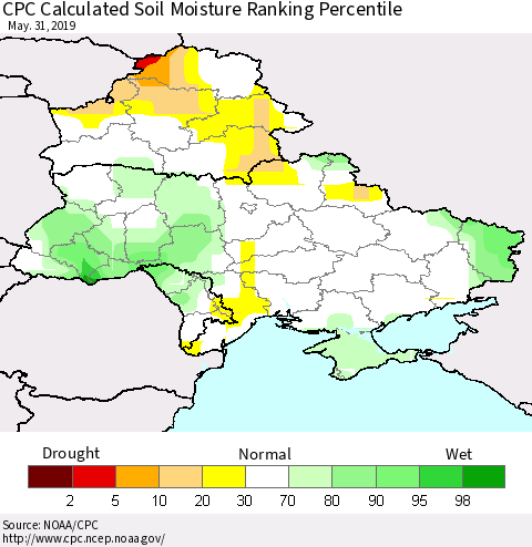 Ukraine, Moldova and Belarus CPC Calculated Soil Moisture Ranking Percentile Thematic Map For 5/26/2019 - 5/31/2019
