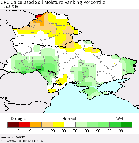Ukraine, Moldova and Belarus CPC Calculated Soil Moisture Ranking Percentile Thematic Map For 6/1/2019 - 6/5/2019