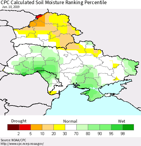Ukraine, Moldova and Belarus CPC Calculated Soil Moisture Ranking Percentile Thematic Map For 6/6/2019 - 6/10/2019