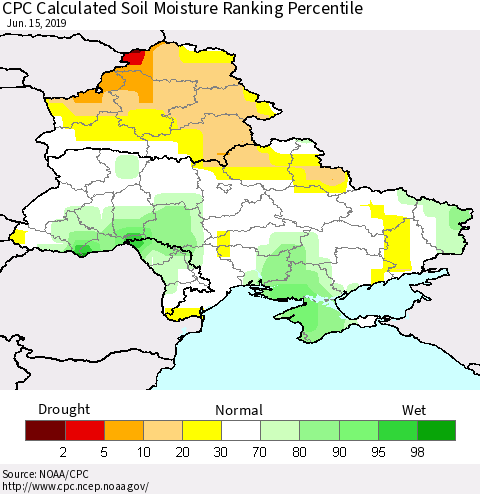 Ukraine, Moldova and Belarus CPC Calculated Soil Moisture Ranking Percentile Thematic Map For 6/11/2019 - 6/15/2019