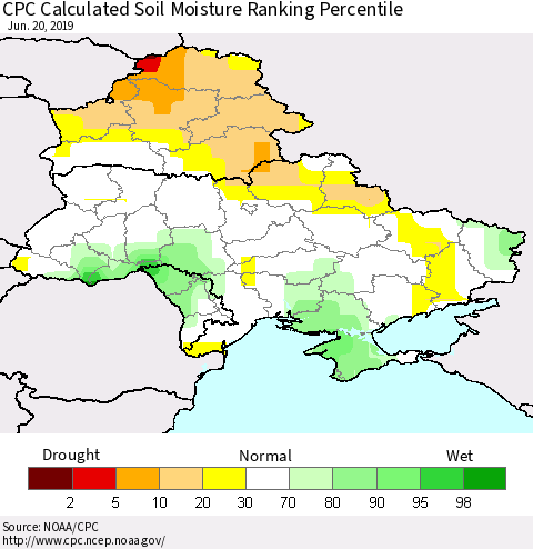 Ukraine, Moldova and Belarus CPC Calculated Soil Moisture Ranking Percentile Thematic Map For 6/16/2019 - 6/20/2019