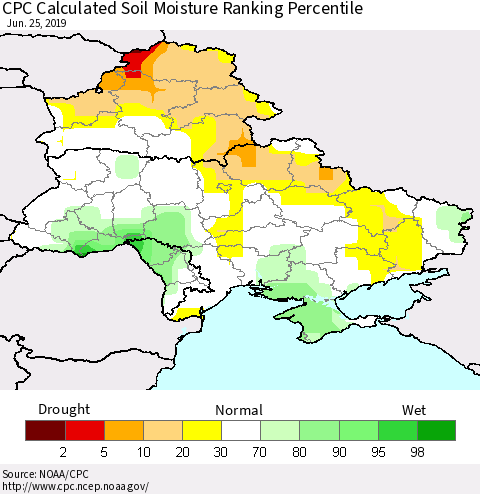 Ukraine, Moldova and Belarus CPC Calculated Soil Moisture Ranking Percentile Thematic Map For 6/21/2019 - 6/25/2019