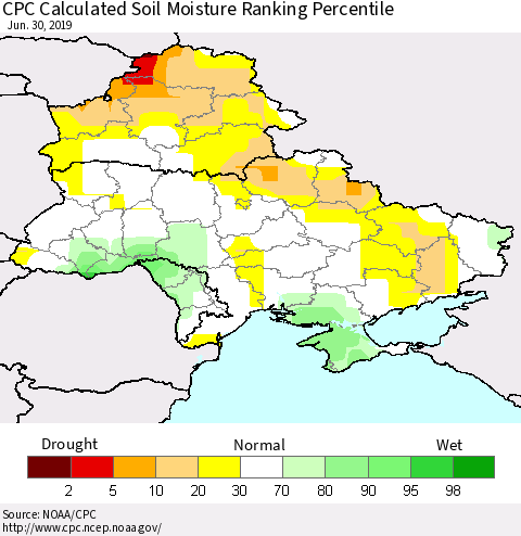 Ukraine, Moldova and Belarus CPC Calculated Soil Moisture Ranking Percentile Thematic Map For 6/26/2019 - 6/30/2019