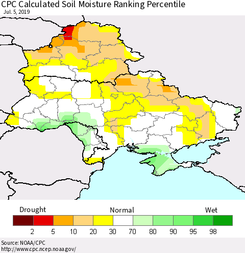 Ukraine, Moldova and Belarus CPC Calculated Soil Moisture Ranking Percentile Thematic Map For 7/1/2019 - 7/5/2019