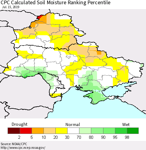 Ukraine, Moldova and Belarus CPC Soil Moisture Ranking Percentile (Leaky Bucket) Thematic Map For 7/11/2019 - 7/15/2019