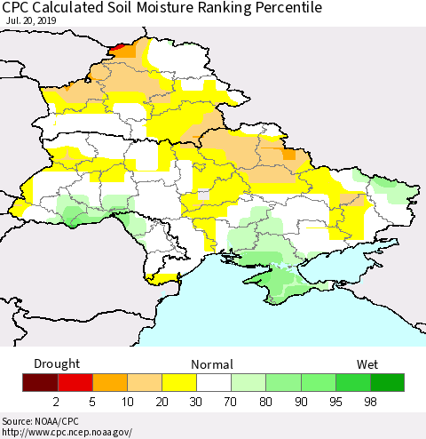 Ukraine, Moldova and Belarus CPC Soil Moisture Ranking Percentile (Leaky Bucket) Thematic Map For 7/16/2019 - 7/20/2019