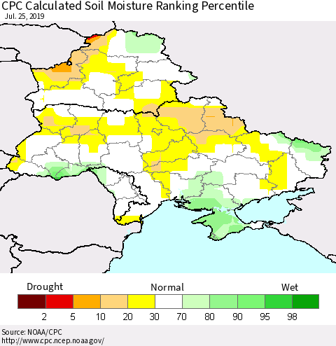 Ukraine, Moldova and Belarus CPC Calculated Soil Moisture Ranking Percentile Thematic Map For 7/21/2019 - 7/25/2019