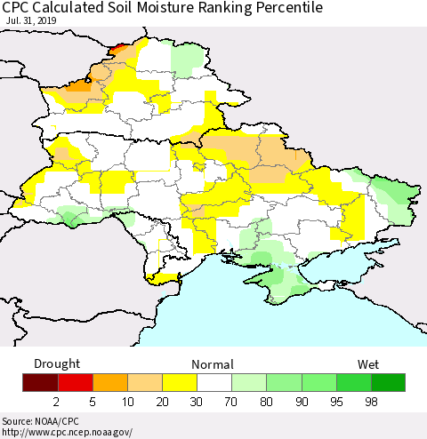 Ukraine, Moldova and Belarus CPC Soil Moisture Ranking Percentile (Leaky Bucket) Thematic Map For 7/26/2019 - 7/31/2019