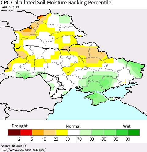Ukraine, Moldova and Belarus CPC Soil Moisture Ranking Percentile (Leaky Bucket) Thematic Map For 8/1/2019 - 8/5/2019