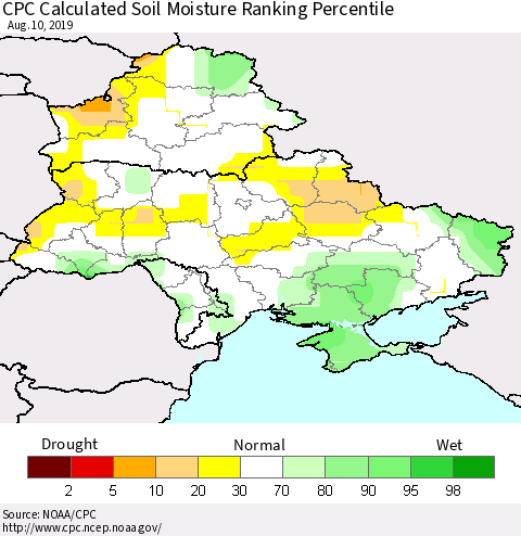 Ukraine, Moldova and Belarus CPC Soil Moisture Ranking Percentile (Leaky Bucket) Thematic Map For 8/6/2019 - 8/10/2019