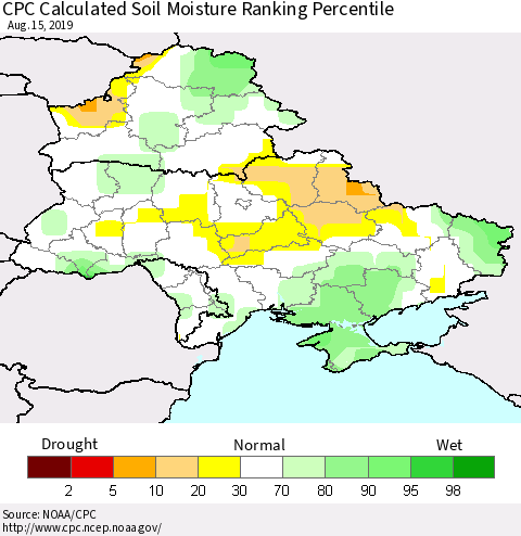 Ukraine, Moldova and Belarus CPC Soil Moisture Ranking Percentile (Leaky Bucket) Thematic Map For 8/11/2019 - 8/15/2019