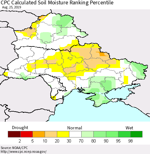 Ukraine, Moldova and Belarus CPC Calculated Soil Moisture Ranking Percentile Thematic Map For 8/21/2019 - 8/25/2019