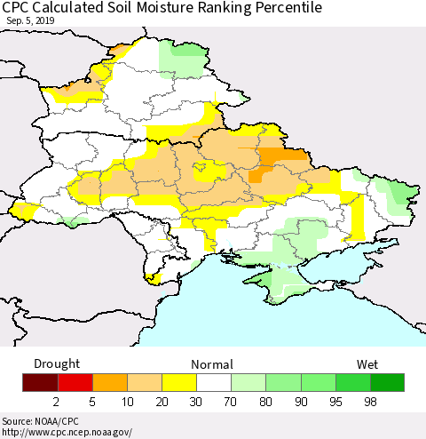 Ukraine, Moldova and Belarus CPC Calculated Soil Moisture Ranking Percentile Thematic Map For 9/1/2019 - 9/5/2019