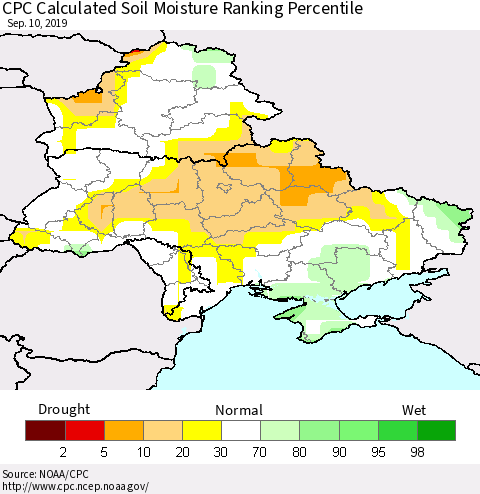 Ukraine, Moldova and Belarus CPC Soil Moisture Ranking Percentile (Leaky Bucket) Thematic Map For 9/6/2019 - 9/10/2019