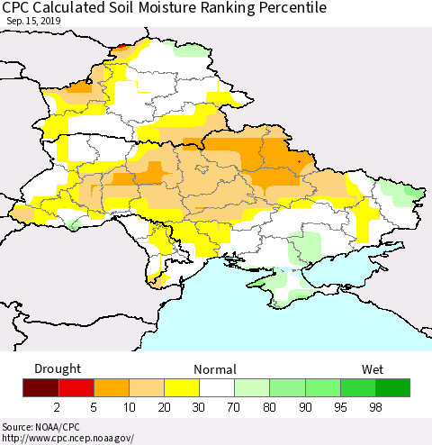 Ukraine, Moldova and Belarus CPC Soil Moisture Ranking Percentile (Leaky Bucket) Thematic Map For 9/11/2019 - 9/15/2019