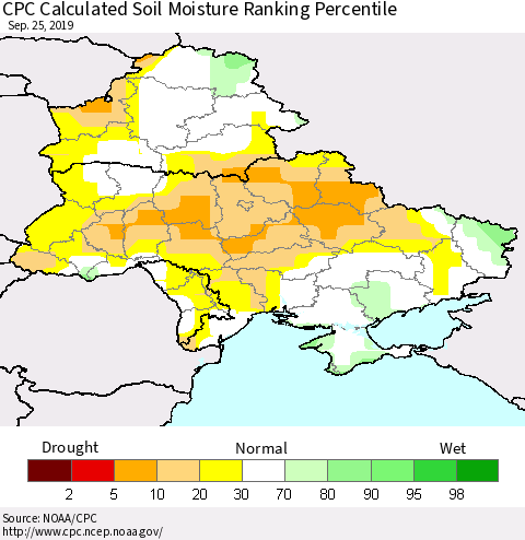 Ukraine, Moldova and Belarus CPC Calculated Soil Moisture Ranking Percentile Thematic Map For 9/21/2019 - 9/25/2019
