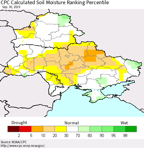 Ukraine, Moldova and Belarus CPC Calculated Soil Moisture Ranking Percentile Thematic Map For 9/26/2019 - 9/30/2019