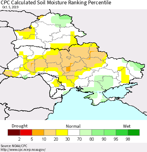 Ukraine, Moldova and Belarus CPC Calculated Soil Moisture Ranking Percentile Thematic Map For 10/1/2019 - 10/5/2019