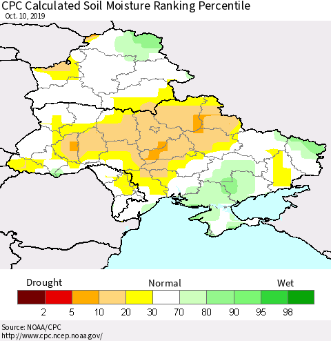 Ukraine, Moldova and Belarus CPC Calculated Soil Moisture Ranking Percentile Thematic Map For 10/6/2019 - 10/10/2019