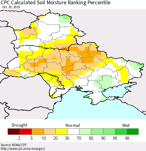 Ukraine, Moldova and Belarus CPC Calculated Soil Moisture Ranking Percentile Thematic Map For 10/16/2019 - 10/20/2019