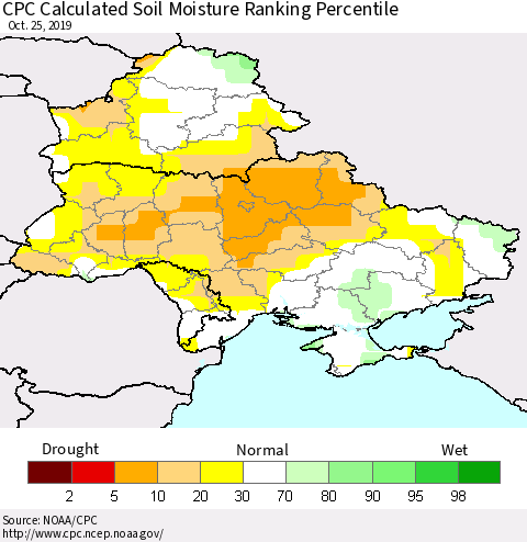 Ukraine, Moldova and Belarus CPC Calculated Soil Moisture Ranking Percentile Thematic Map For 10/21/2019 - 10/25/2019