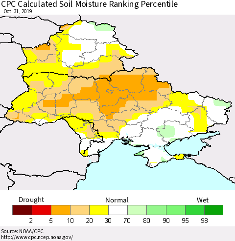 Ukraine, Moldova and Belarus CPC Calculated Soil Moisture Ranking Percentile Thematic Map For 10/26/2019 - 10/31/2019