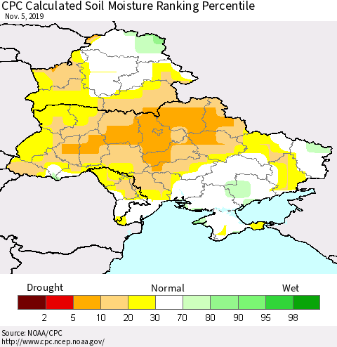 Ukraine, Moldova and Belarus CPC Calculated Soil Moisture Ranking Percentile Thematic Map For 11/1/2019 - 11/5/2019