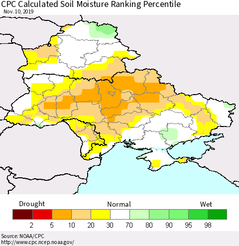 Ukraine, Moldova and Belarus CPC Calculated Soil Moisture Ranking Percentile Thematic Map For 11/6/2019 - 11/10/2019